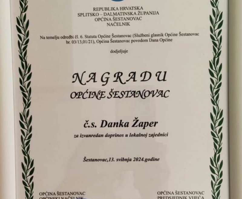Nagrada  općine Šestanovac  sestri  M. Danki