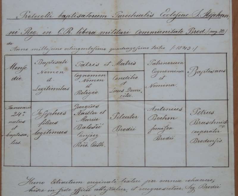 24. siječnja 1843. Dan rođenja i krštenja sl. Božjega Josipa Stadlera