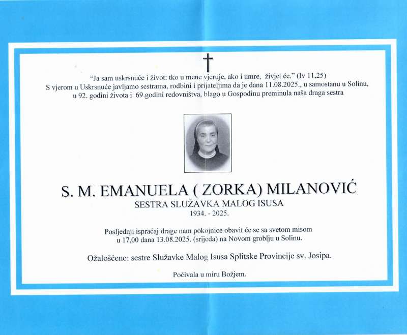 Sahranjena s. Emanuela (Zorka) Milanović